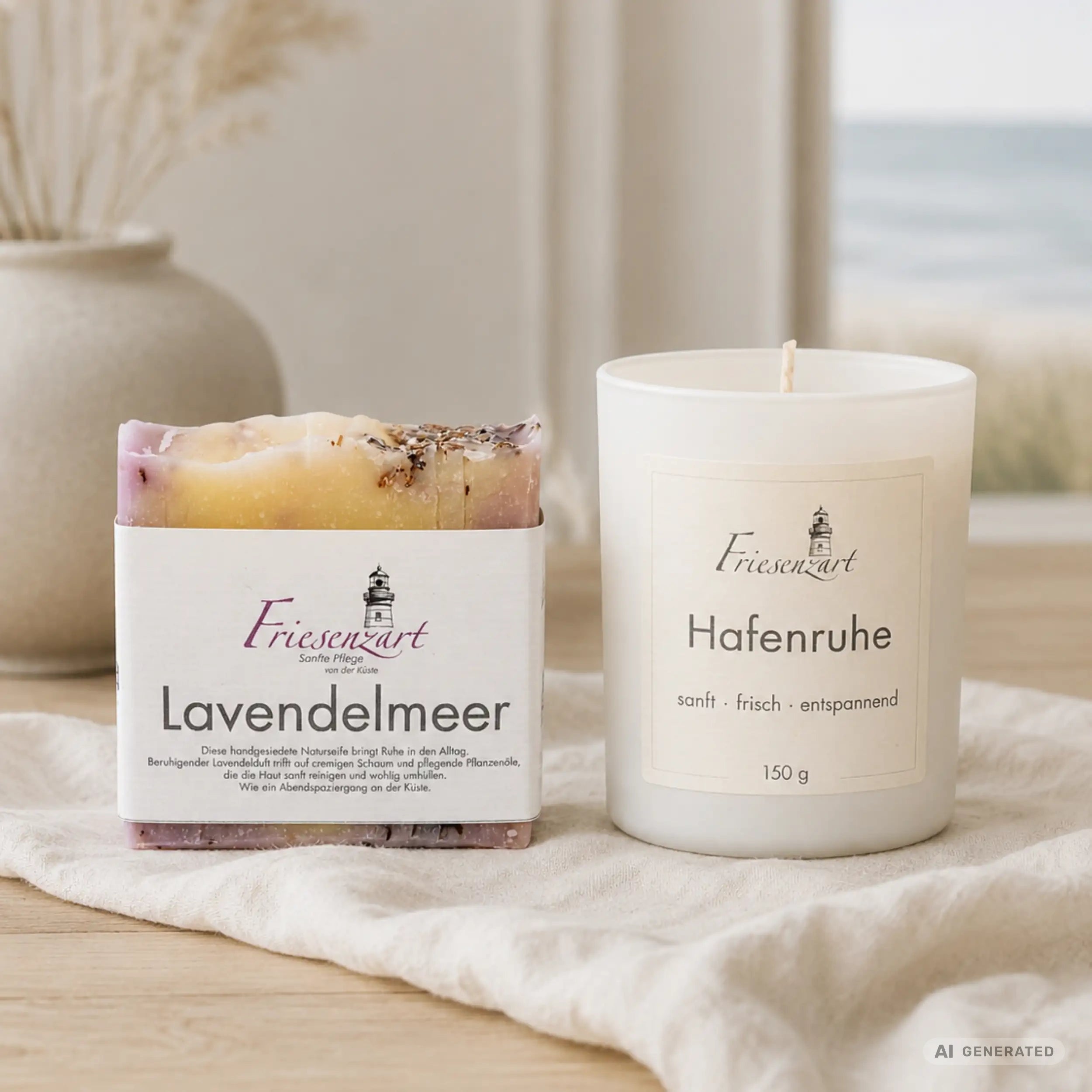 Abendruhe – Friesenzart Duft- &amp; Pflegeset mit Naturseife Lavendelmeer und Duftkerze Hafenruhe