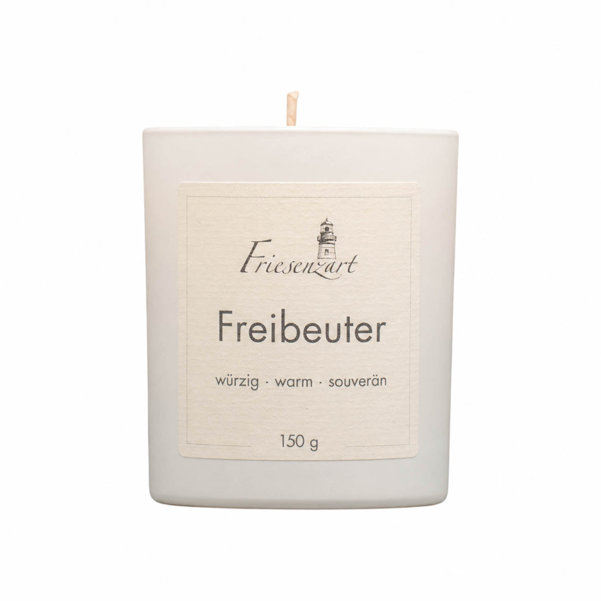 Friesenzart Duftkerze Freibeuter im weißen Glas. Glasfarbe im Bundle unabhängig frei wählbar: Weiß, Schwarz oder Bernstein.