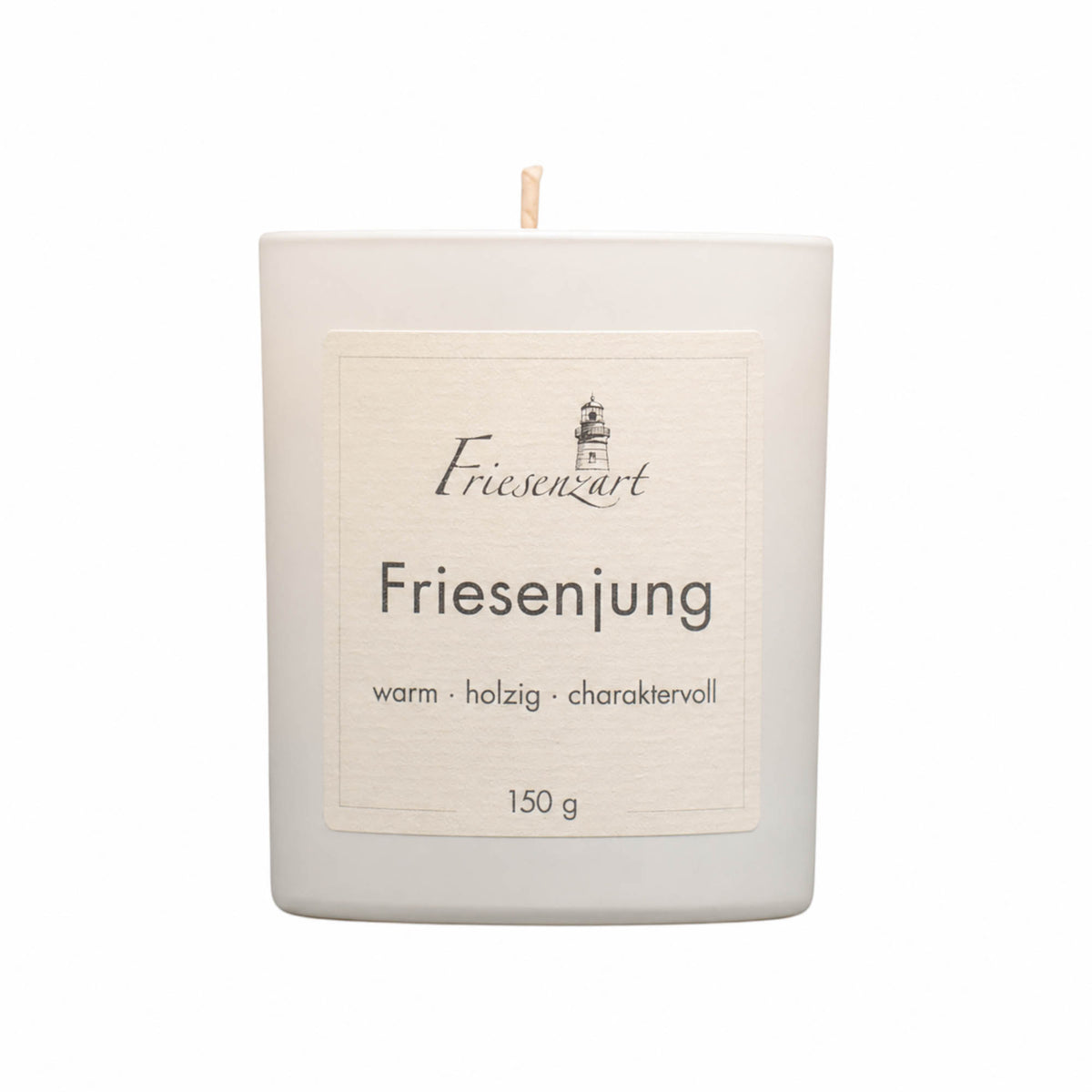 Friesenzart Duftkerze Friesenjung im weißen Glas. Glasfarbe im Bundle unabhängig frei wählbar: Weiß, Schwarz oder Bernstein.