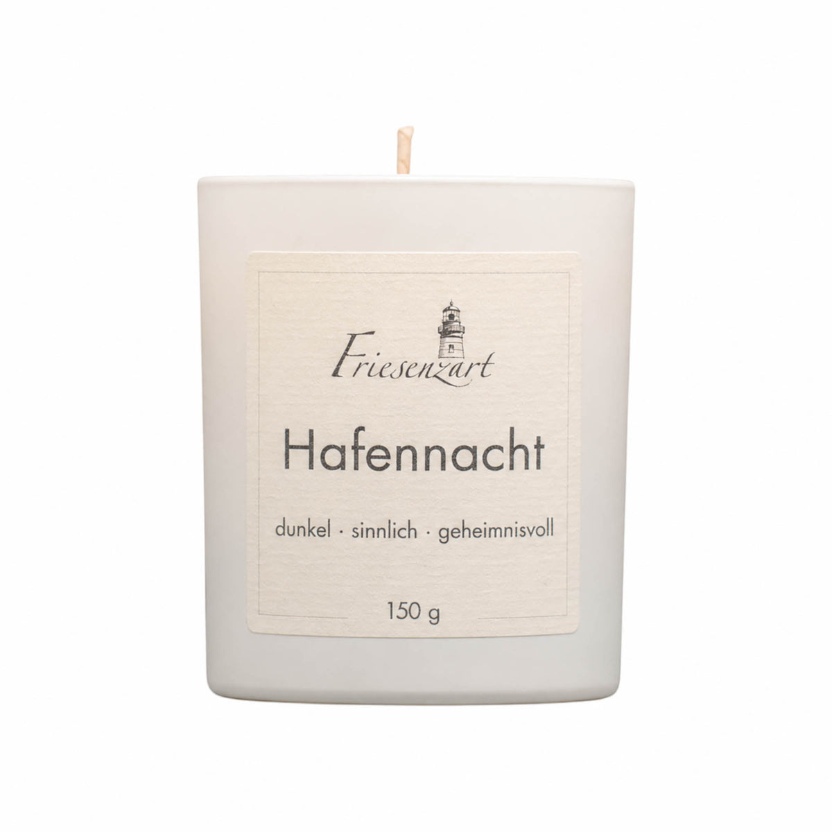 Friesenzart Duftkerze Hafennacht im weißen Glas. Glasfarbe im Bundle unabhängig frei wählbar: Weiß, Schwarz oder Bernstein.