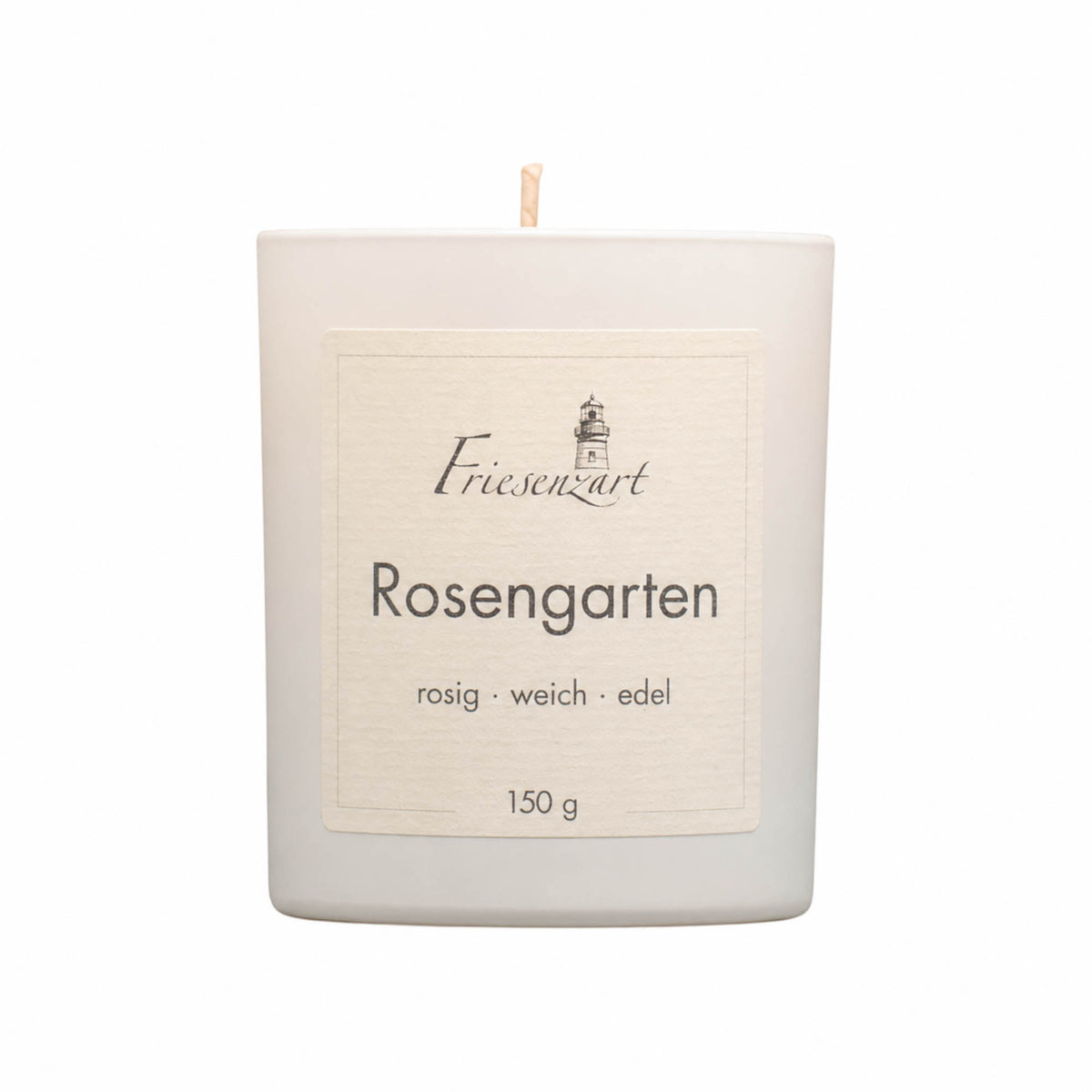 Friesenzart Duftkerze Rosengarten im weißen Glas.