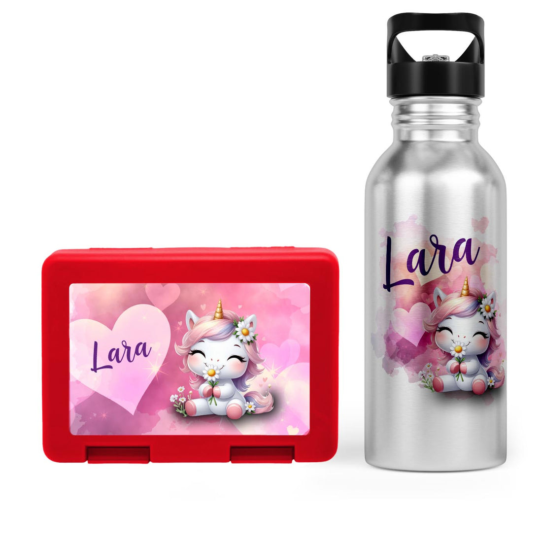 Schulstart Bundle No.9 – Einhorn in Love-Design Brotdose &amp; Trinkflasche