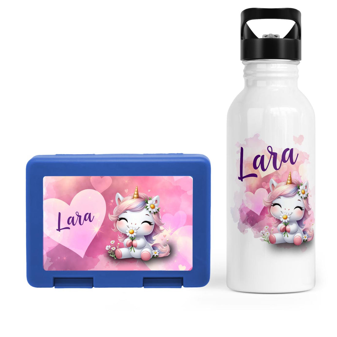 Schulstart Bundle No.10 – Einhorn in Love-Design Brotdose & Trinkflasche