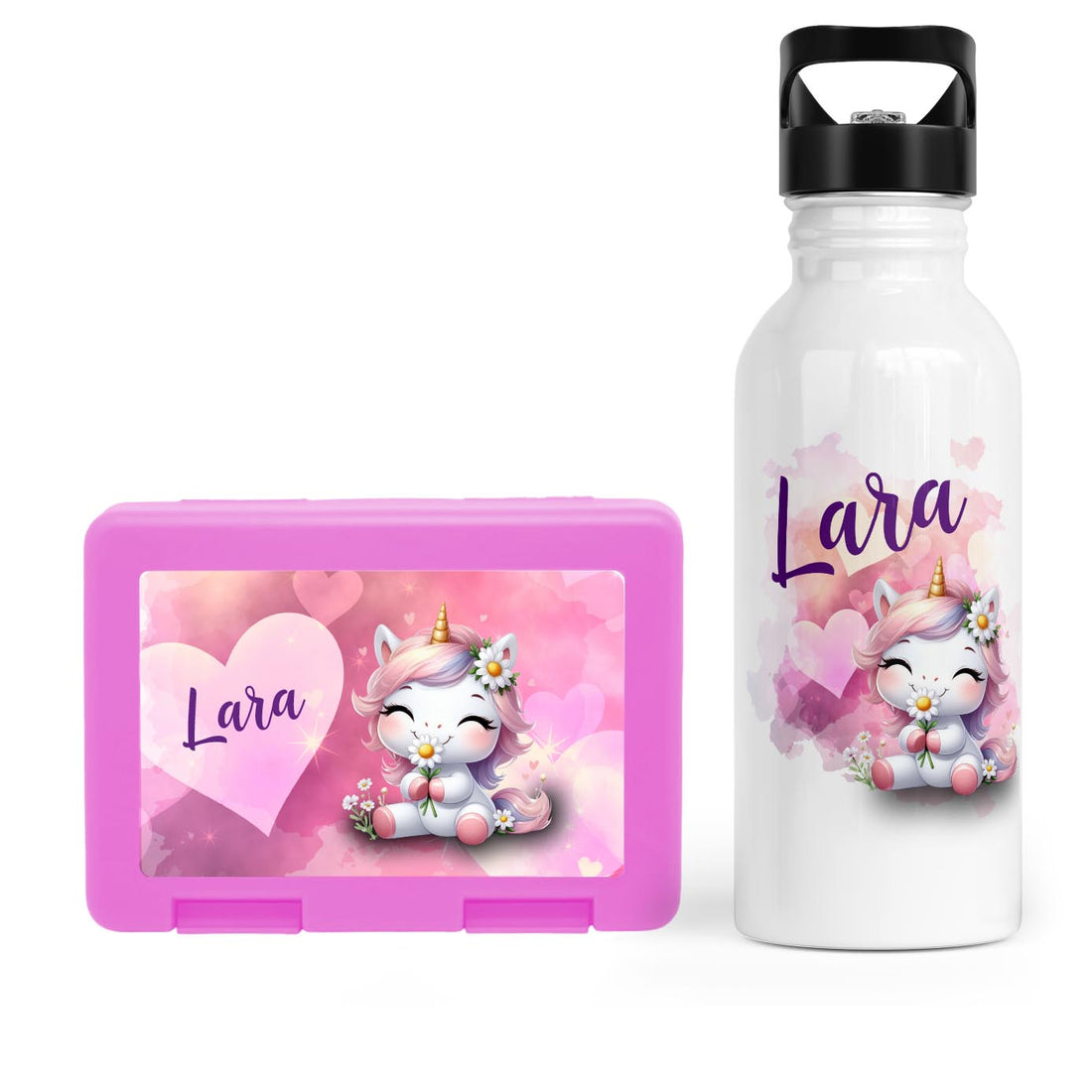Schulstart Bundle No.10 – Einhorn in Love-Design Brotdose &amp; Trinkflasche