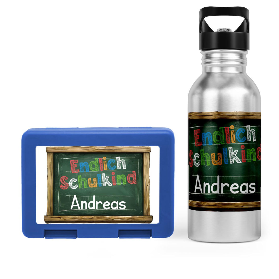 Schulstart Bundle No.5 - &quot;Endlich Schulkind&quot;-Tafel Design Brotdose &amp; Trinkflasche Personalisierbar