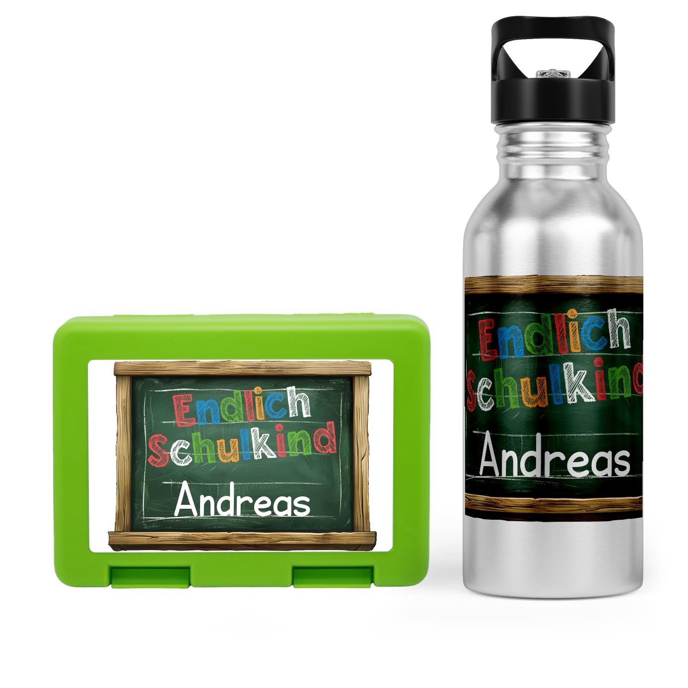 Schulstart Bundle No.5 - &quot;Endlich Schulkind&quot;-Tafel Design Brotdose &amp; Trinkflasche Personalisierbar