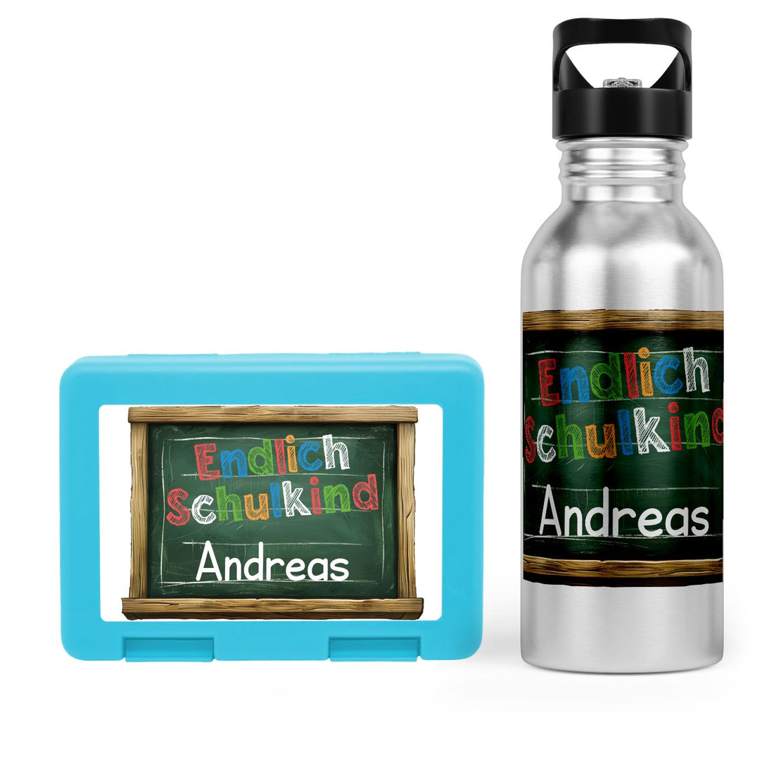 Schulstart Bundle No.5 - &quot;Endlich Schulkind&quot;-Tafel Design Brotdose &amp; Trinkflasche Personalisierbar
