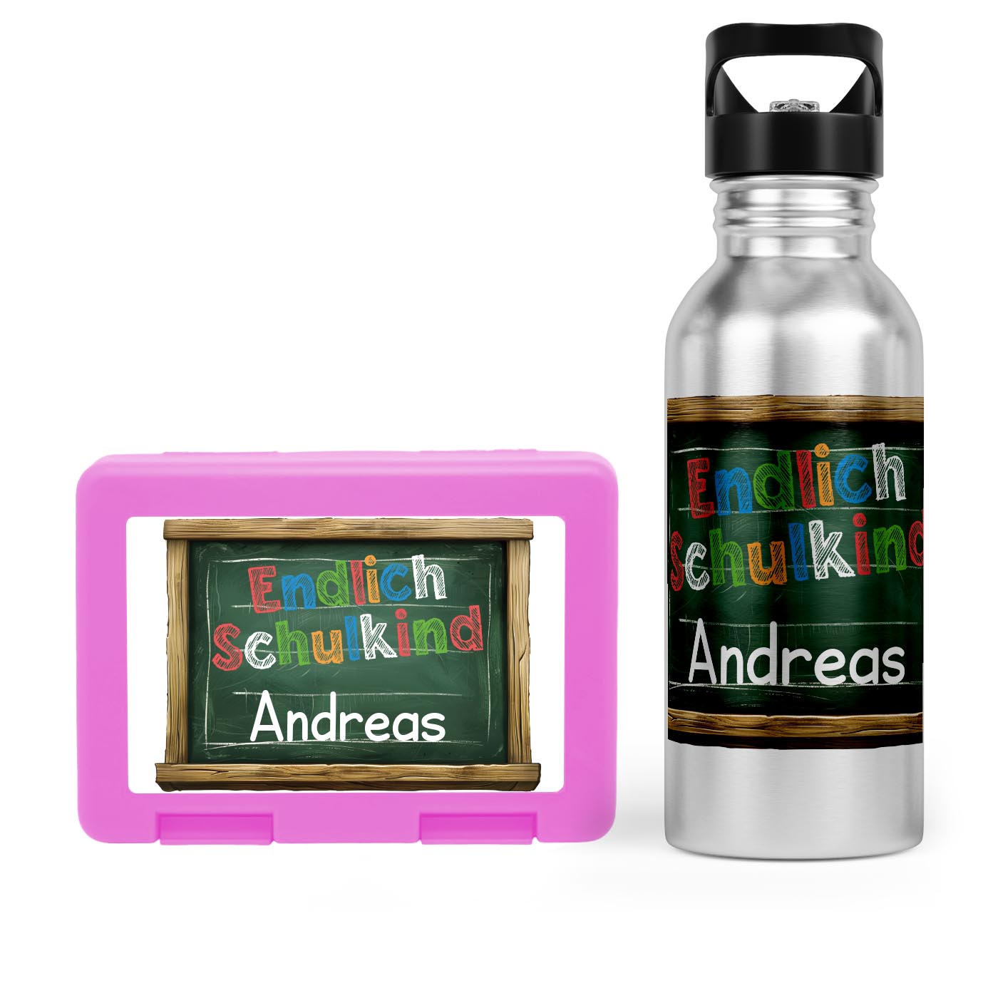 Schulstart Bundle No.5 - &quot;Endlich Schulkind&quot;-Tafel Design Brotdose &amp; Trinkflasche Personalisierbar