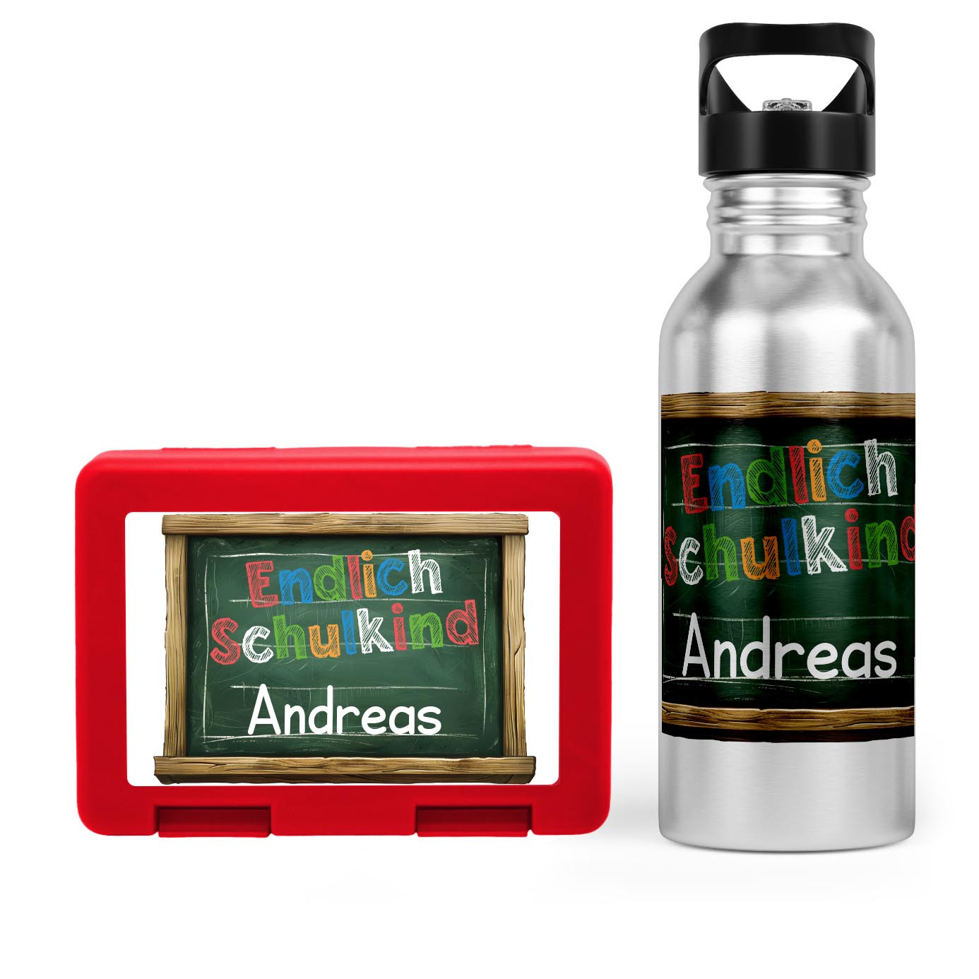 Schulstart Bundle No.5 - &quot;Endlich Schulkind&quot;-Tafel Design Brotdose &amp; Trinkflasche Personalisierbar