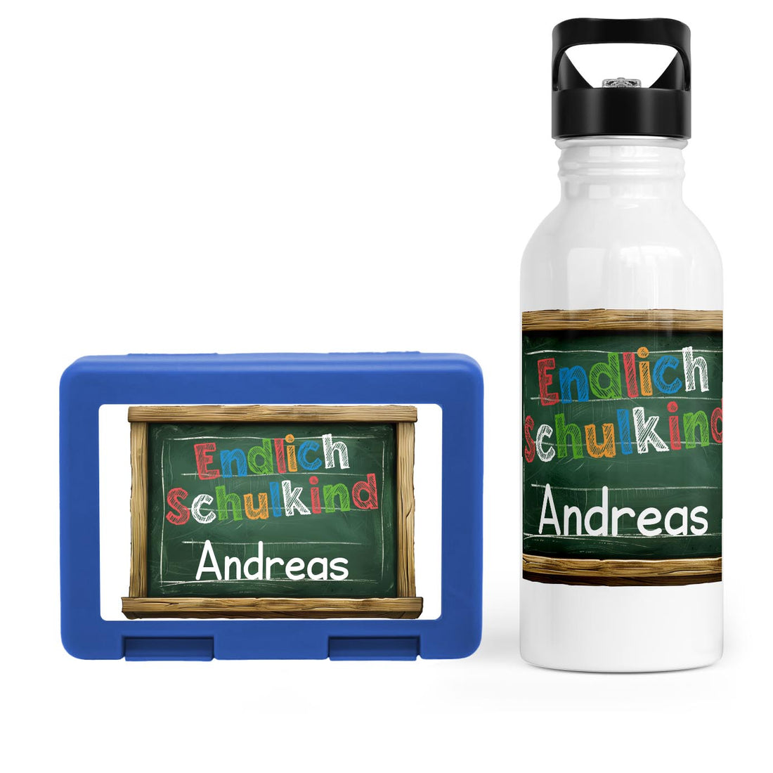 Schulstart Bundle No.6 - &quot;Endlich Schulkind&quot;-Tafel Design Brotdose &amp; Trinkflasche Personalisierbar