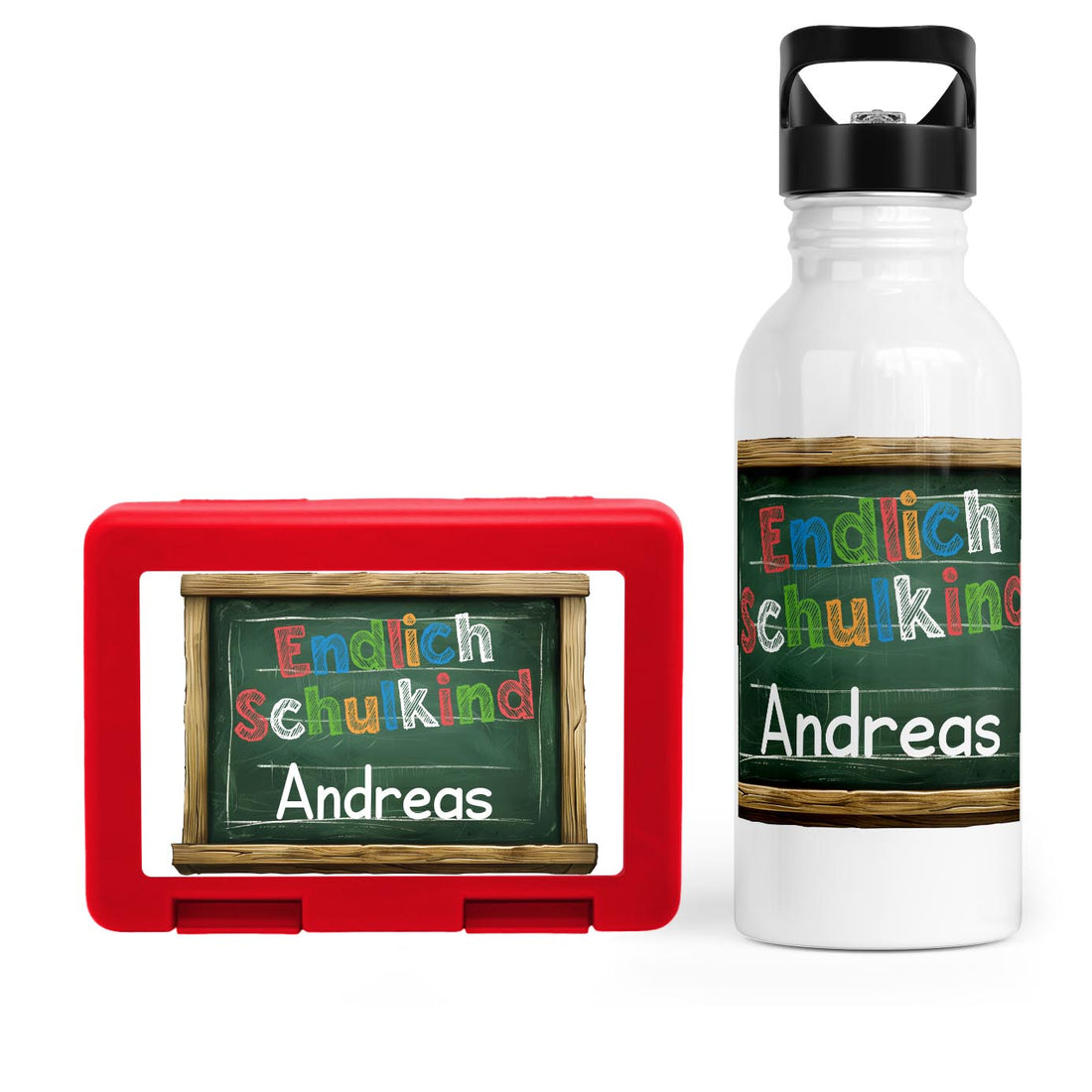 Schulstart Bundle No.6 - &quot;Endlich Schulkind&quot;-Tafel Design Brotdose &amp; Trinkflasche Personalisierbar