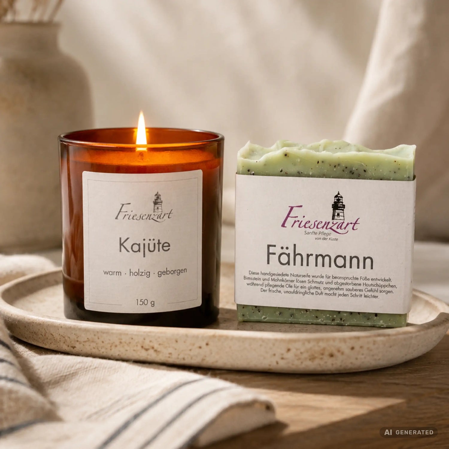 Feierabend – Friesenzart Duft- &amp; Pflegeset mit Naturseife Fährmann und Duftkerze Kajüte