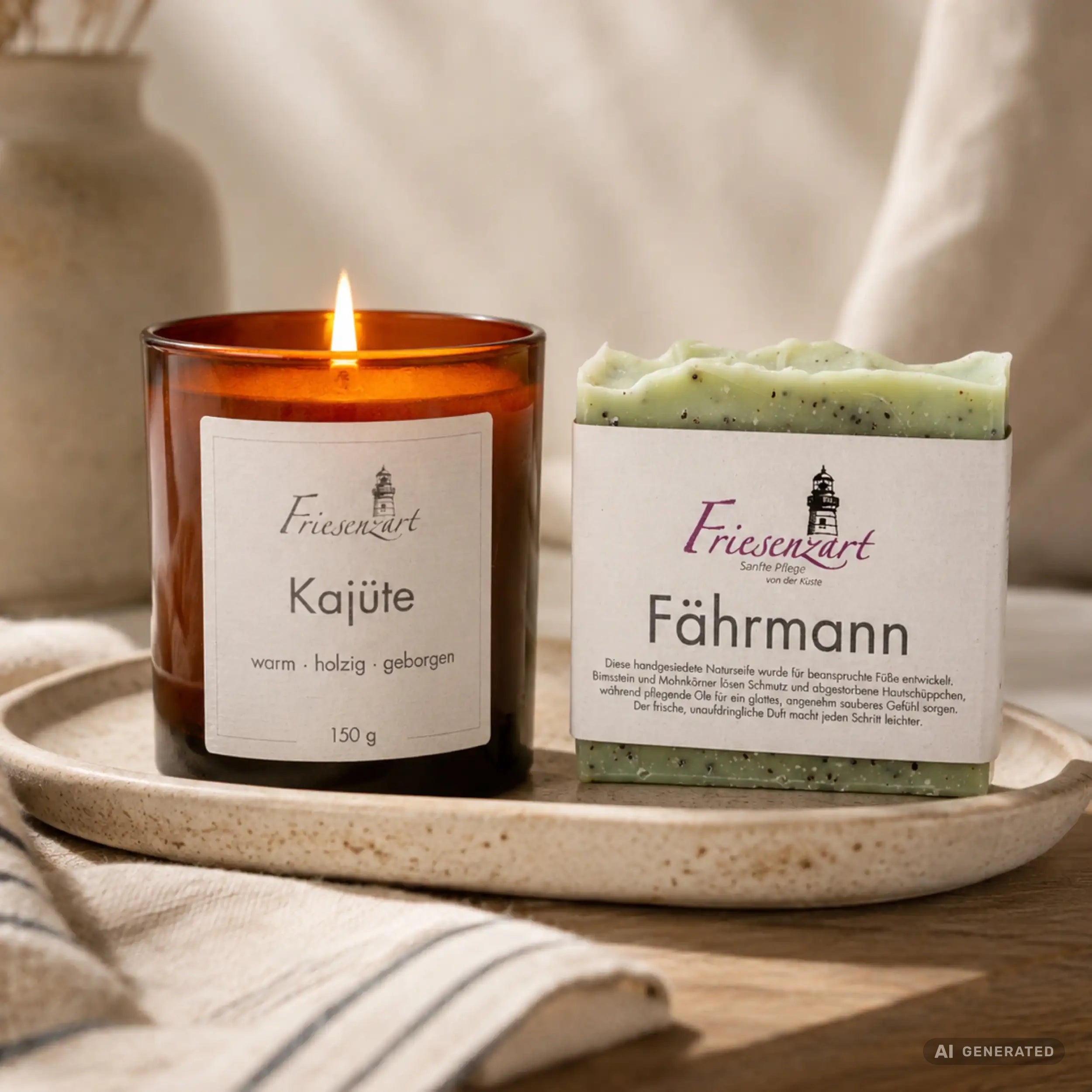 Feierabend – Friesenzart Duft- &amp; Pflegeset mit Naturseife Fährmann und Duftkerze Kajüte