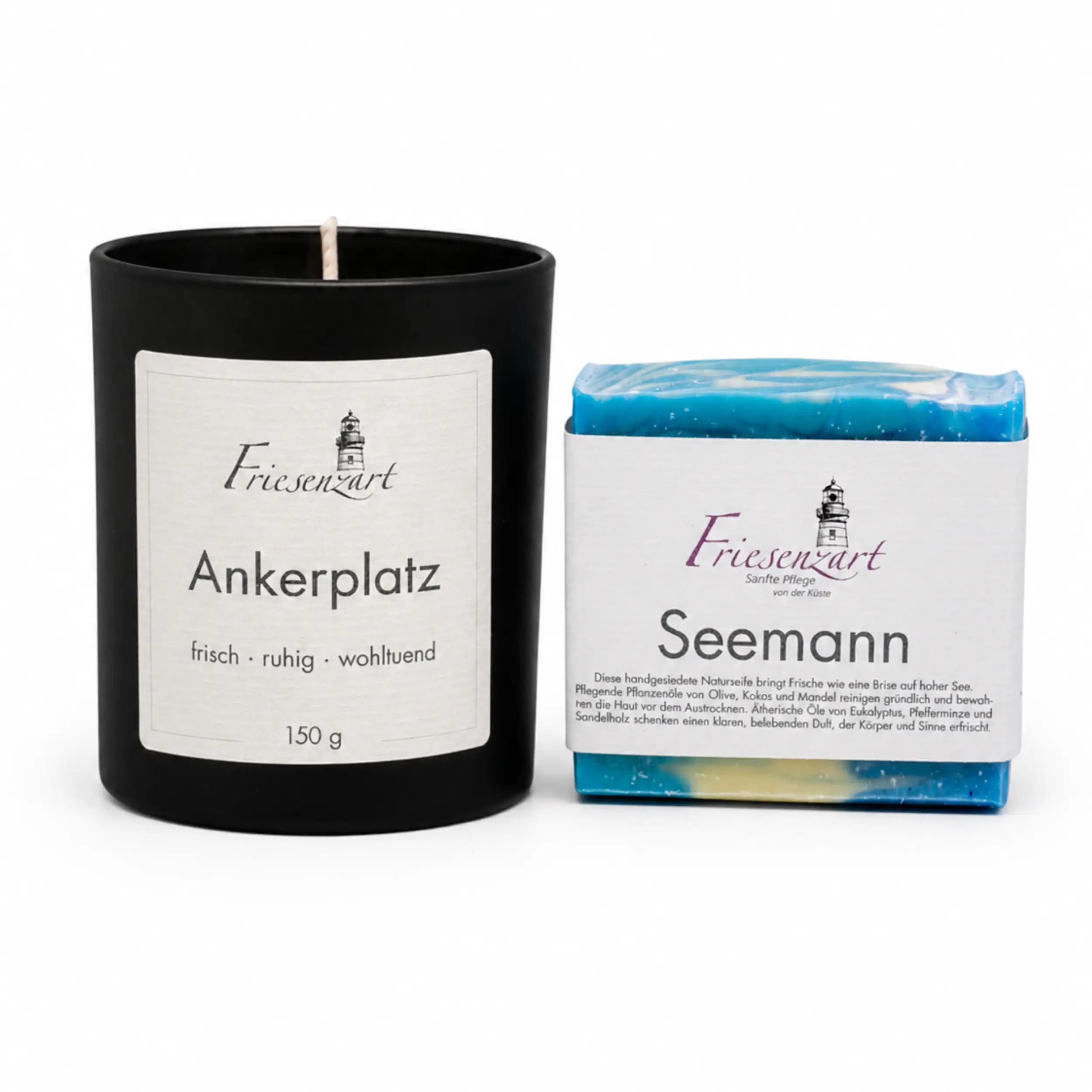 Frische Auszeit – Friesenzart Duft- &amp; Pflegeset mit Naturseife Seemann und Duftkerze Ankerplatz
