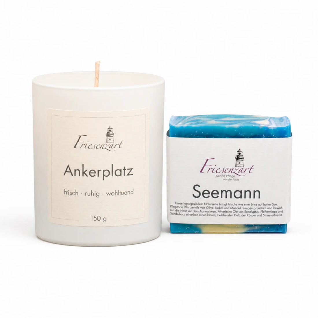 Frische Auszeit – Friesenzart Duft- &amp; Pflegeset mit Naturseife Seemann und Duftkerze Ankerplatz