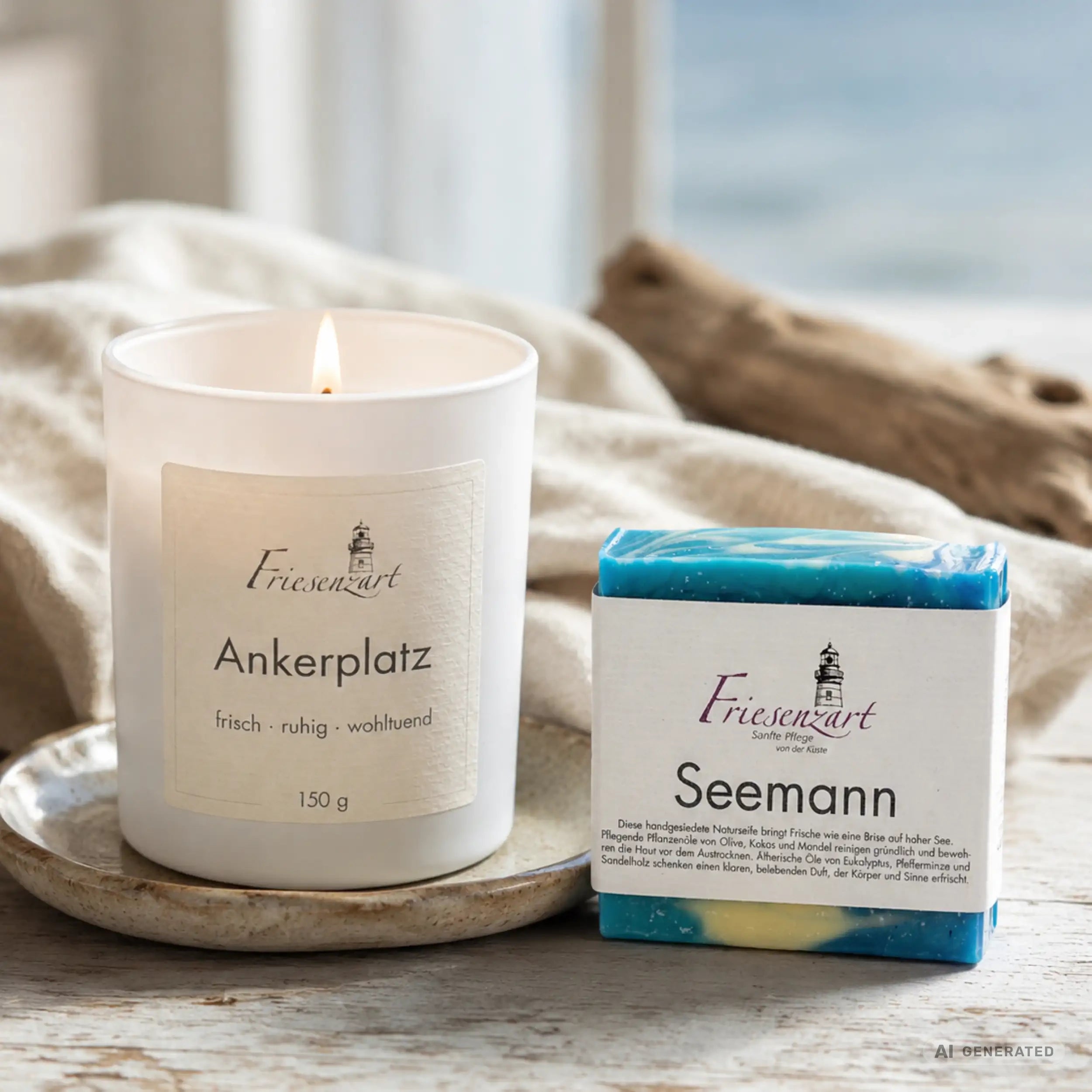 Frische Auszeit – Friesenzart Duft- &amp; Pflegeset mit Naturseife Seemann und Duftkerze Ankerplatz