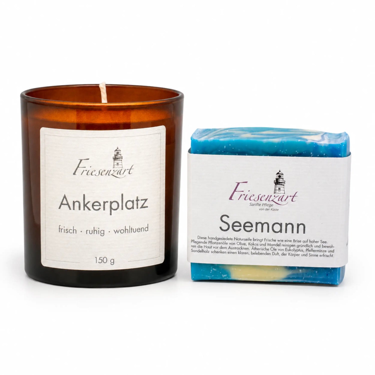 Frische Auszeit – Friesenzart Duft- &amp; Pflegeset mit Naturseife Seemann und Duftkerze Ankerplatz