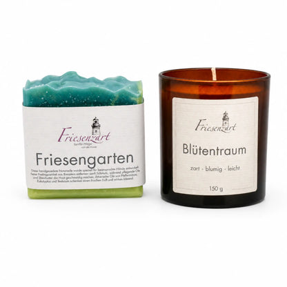 Gartenliebe – Friesenzart Duft- &amp; Pflegeset mit Naturseife Friesengarten und Duftkerze Blütentraum
