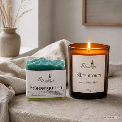 Gartenliebe – Friesenzart Duft- &amp; Pflegeset mit Naturseife Friesengarten und Duftkerze Blütentraum