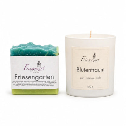 Gartenliebe – Friesenzart Duft- &amp; Pflegeset mit Naturseife Friesengarten und Duftkerze Blütentraum