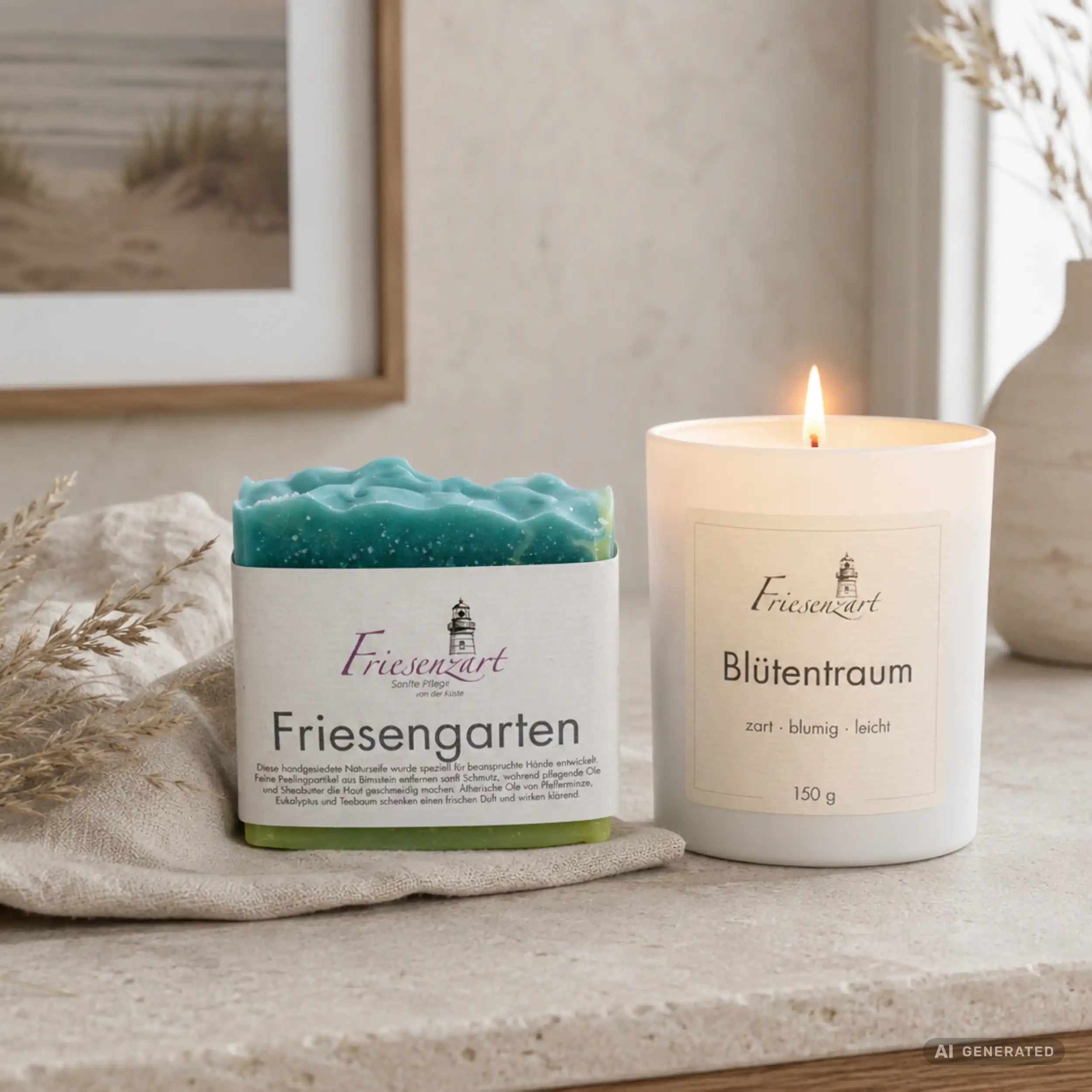 Gartenliebe – Friesenzart Duft- &amp; Pflegeset mit Naturseife Friesengarten und Duftkerze Blütentraum