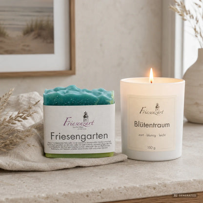 Gartenliebe – Friesenzart Duft- &amp; Pflegeset mit Naturseife Friesengarten und Duftkerze Blütentraum