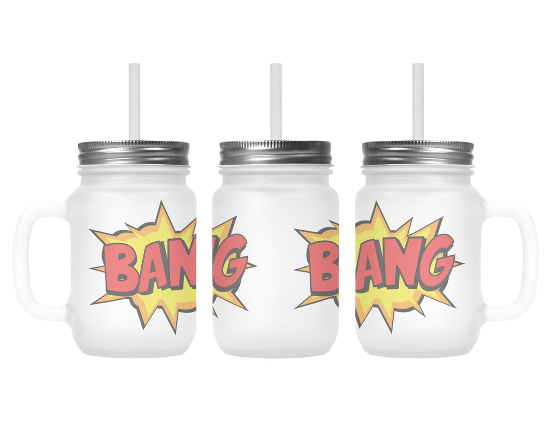 Henkelglas "BANG" mit Deckel und Trinkhalm