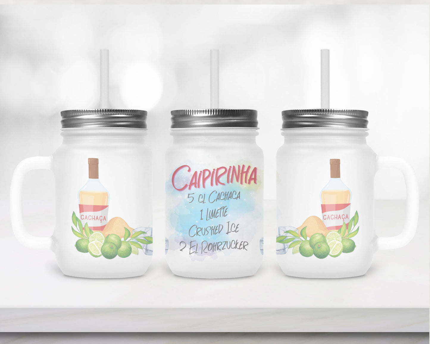 Henkelglas mit Deckel, Trinkhalm und Caipirinha-Rezept
