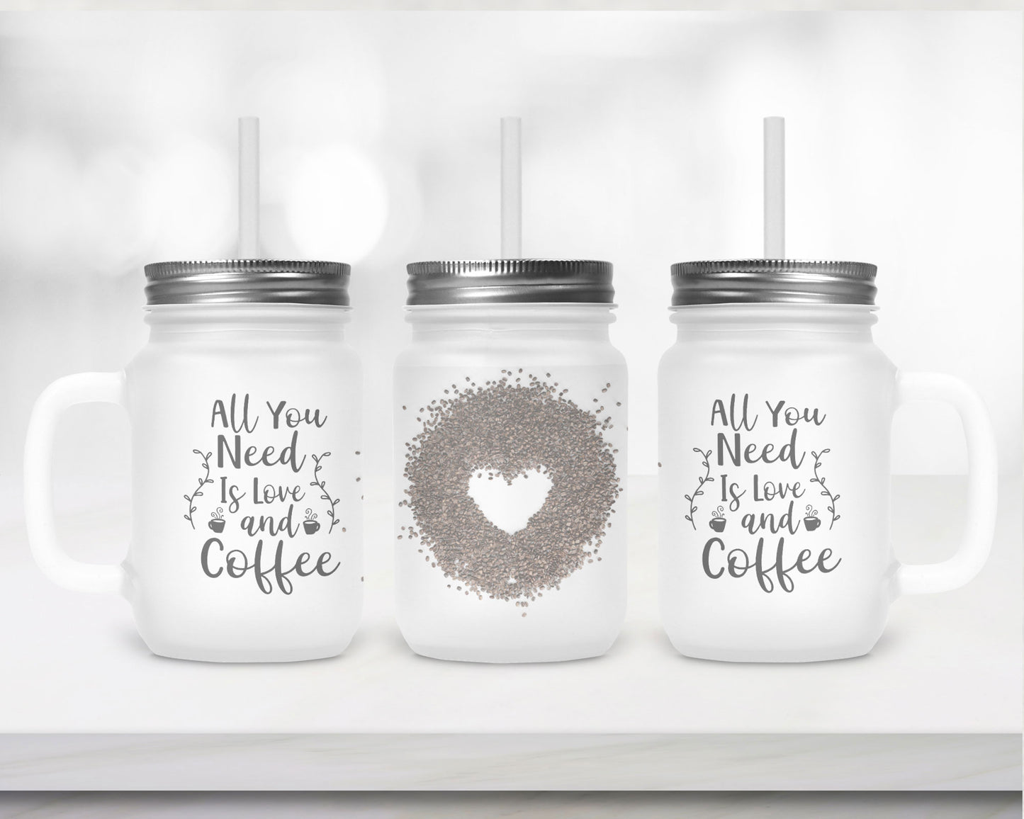 Henkelglas mit Deckel und Trinkhalm All you need is Coffee