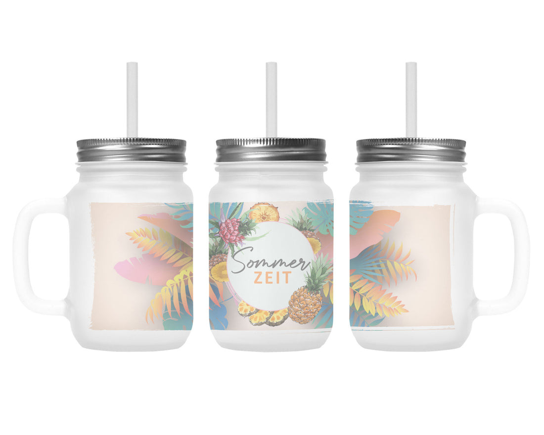 Henkelglas mit Deckel und Trinkhalm Sommerzeit