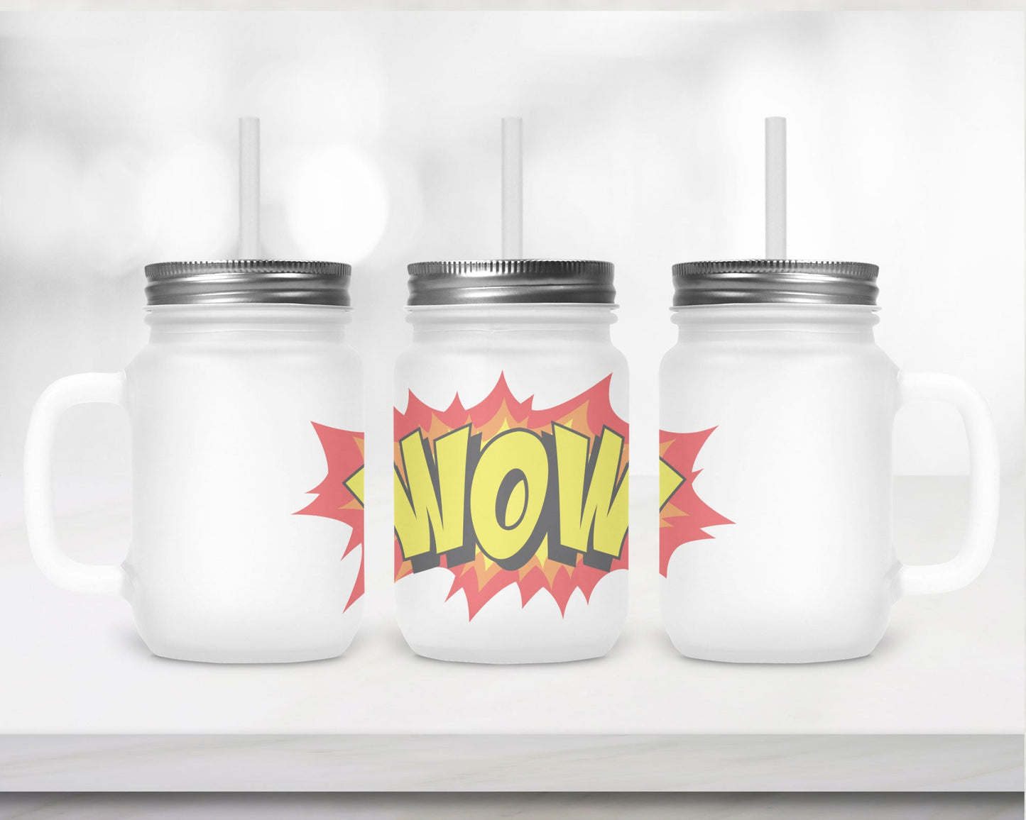 Henkelglas "WOW" mit Deckel und Trinkhalm