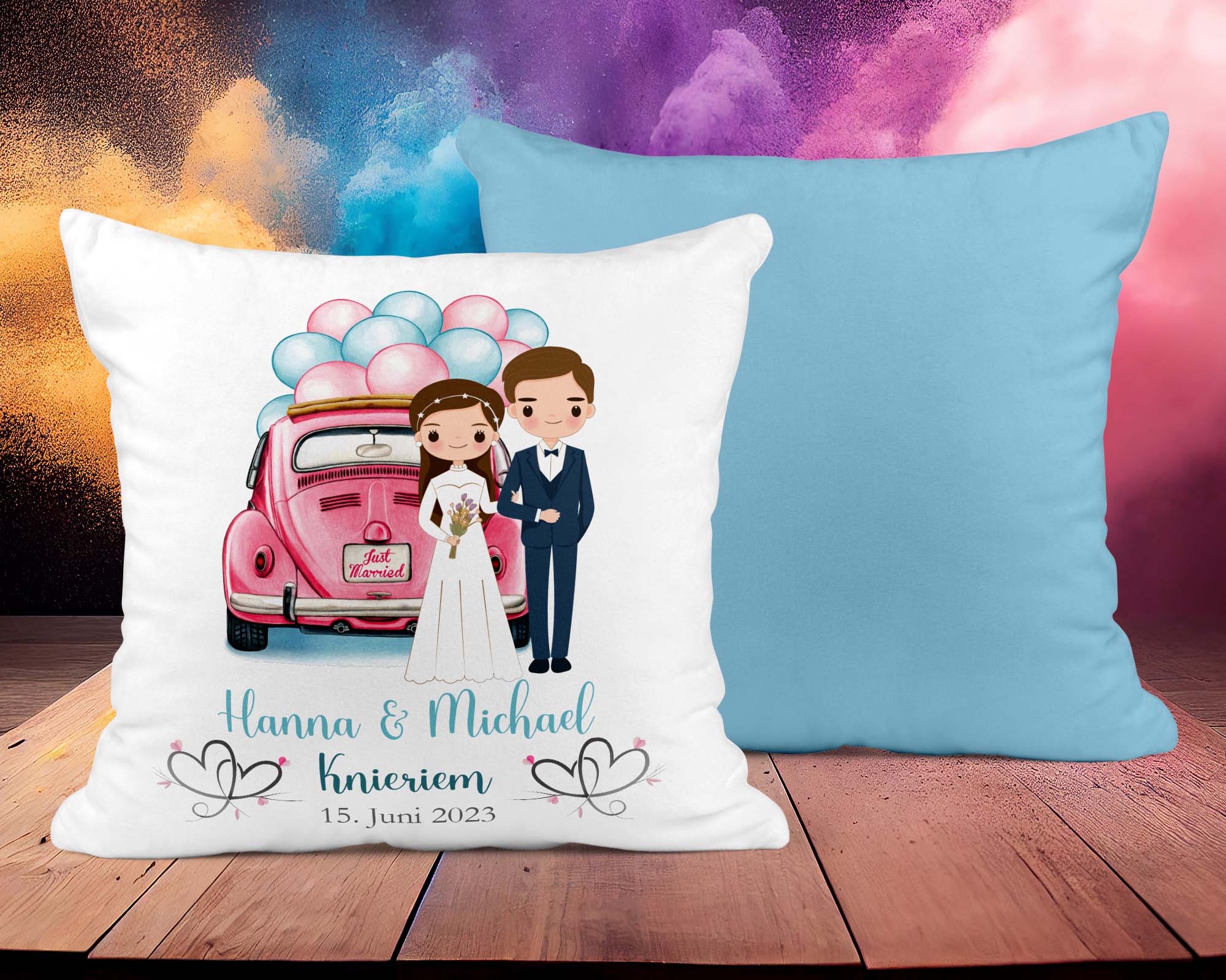 Hochzeitkissen Paar mit Oldtimer - Personalisierbar mit Namen und Hochzeitsdatum - Zwergenstick