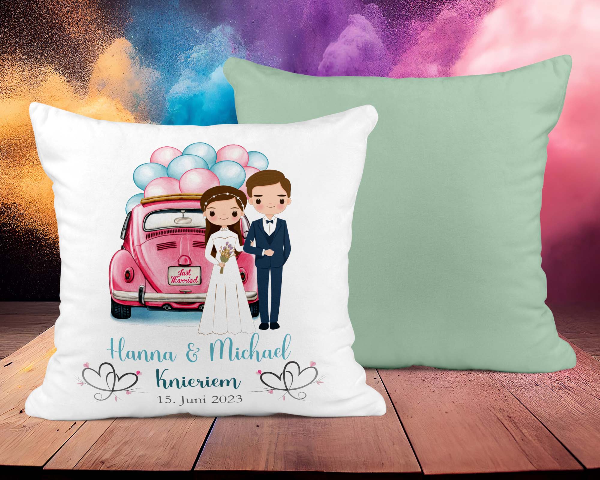 Hochzeitkissen Paar mit Oldtimer - Personalisierbar mit Namen und Hochzeitsdatum - Zwergenstick