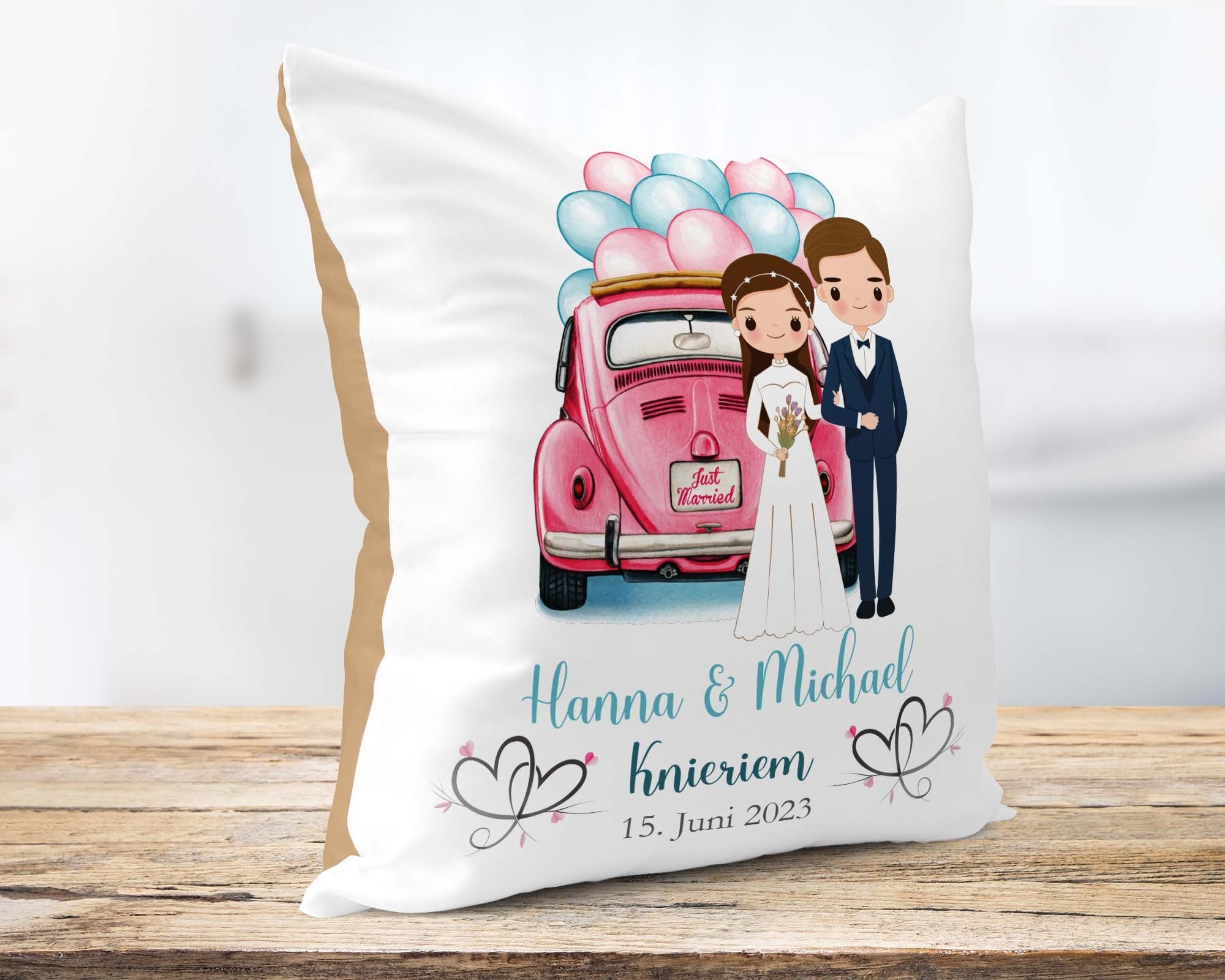 Hochzeitkissen Paar mit Oldtimer - Personalisierbar mit Namen und Hochzeitsdatum - Zwergenstick