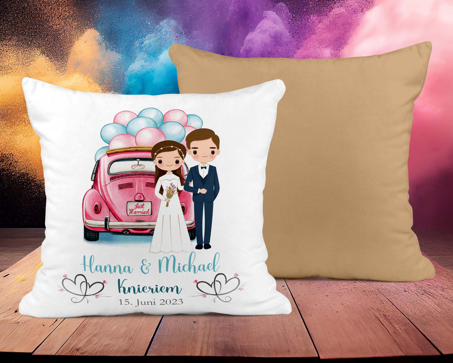 Hochzeitkissen Paar mit Oldtimer - Personalisierbar mit Namen und Hochzeitsdatum - Zwergenstick