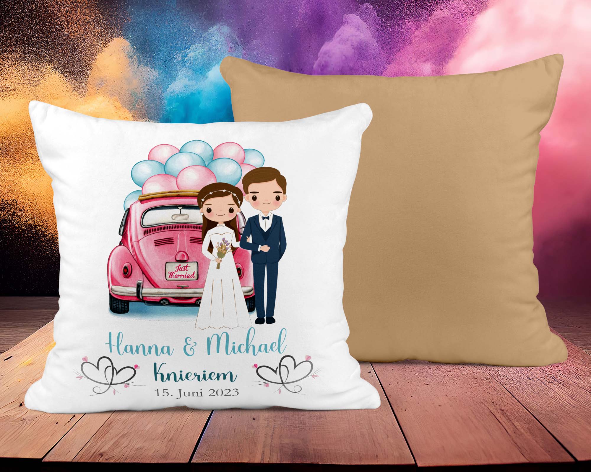 Hochzeitkissen Paar mit Oldtimer - Personalisierbar mit Namen und Hochzeitsdatum - Zwergenstick