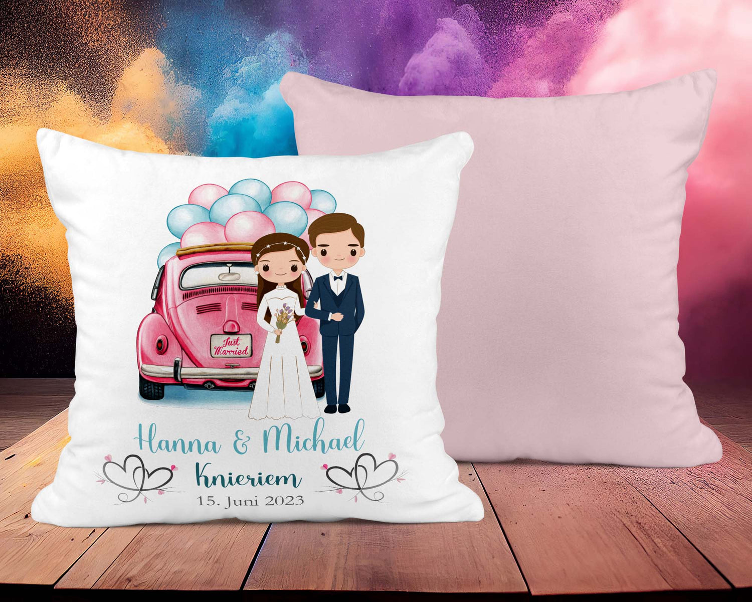 Hochzeitkissen Paar mit Oldtimer - Personalisierbar mit Namen und Hochzeitsdatum - Zwergenstick