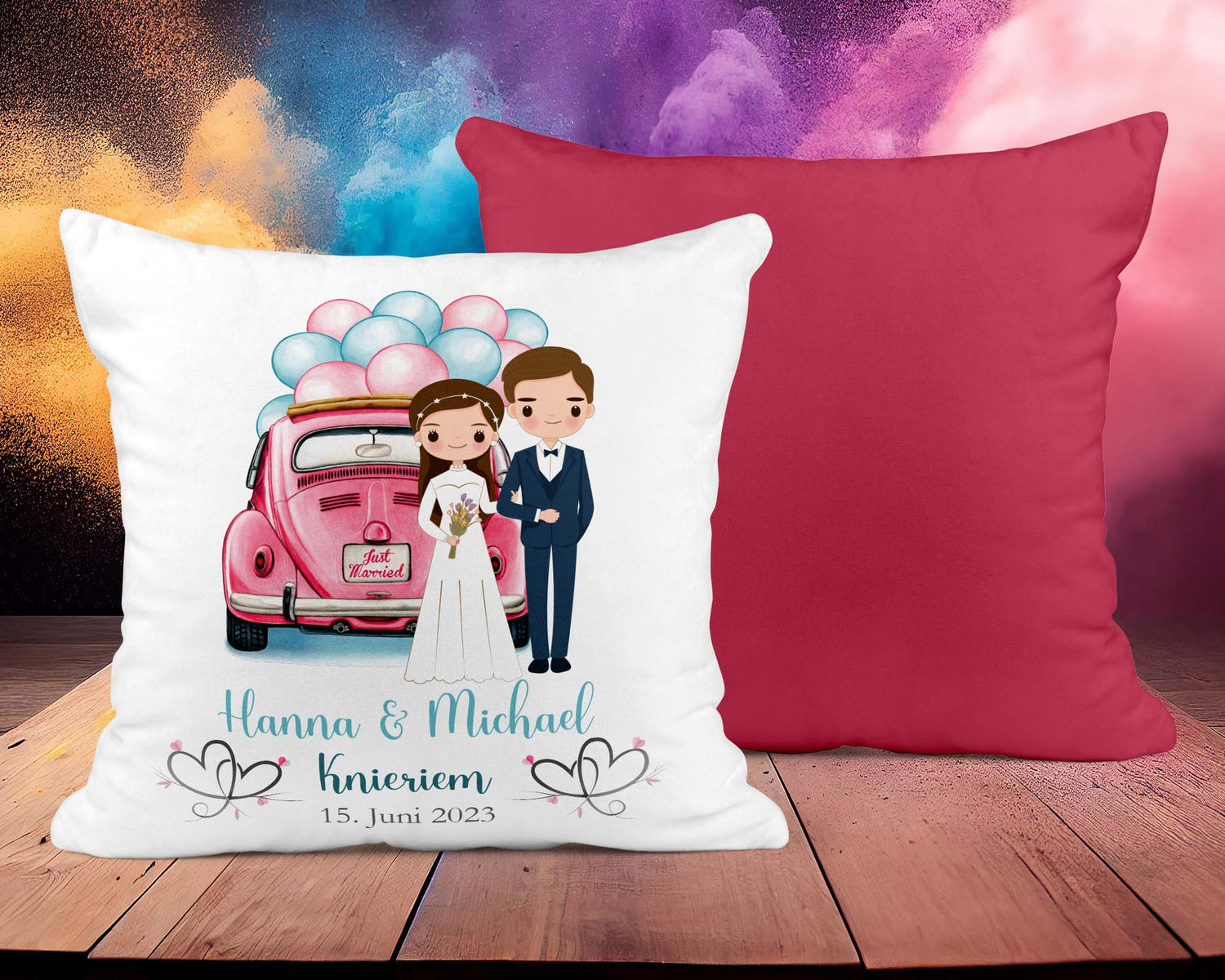 Hochzeitkissen Paar mit Oldtimer - Personalisierbar mit Namen und Hochzeitsdatum - Zwergenstick