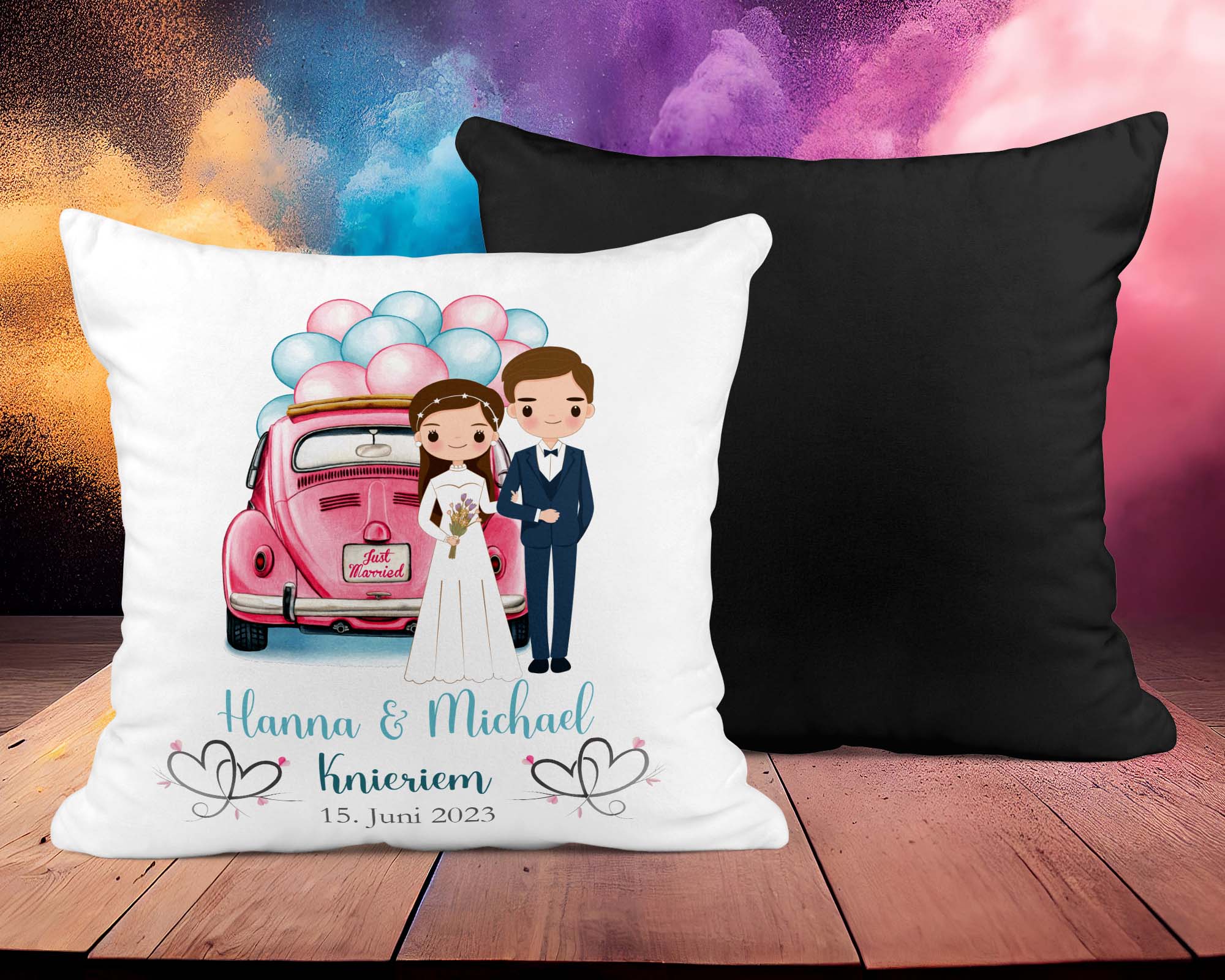 Hochzeitkissen Paar mit Oldtimer - Personalisierbar mit Namen und Hochzeitsdatum - Zwergenstick