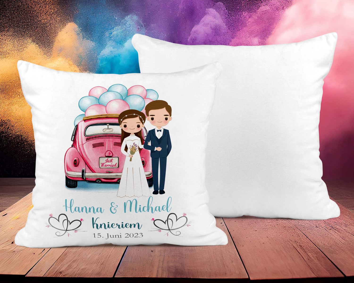 Hochzeitkissen Paar mit Oldtimer - Personalisierbar mit Namen und Hochzeitsdatum - Zwergenstick