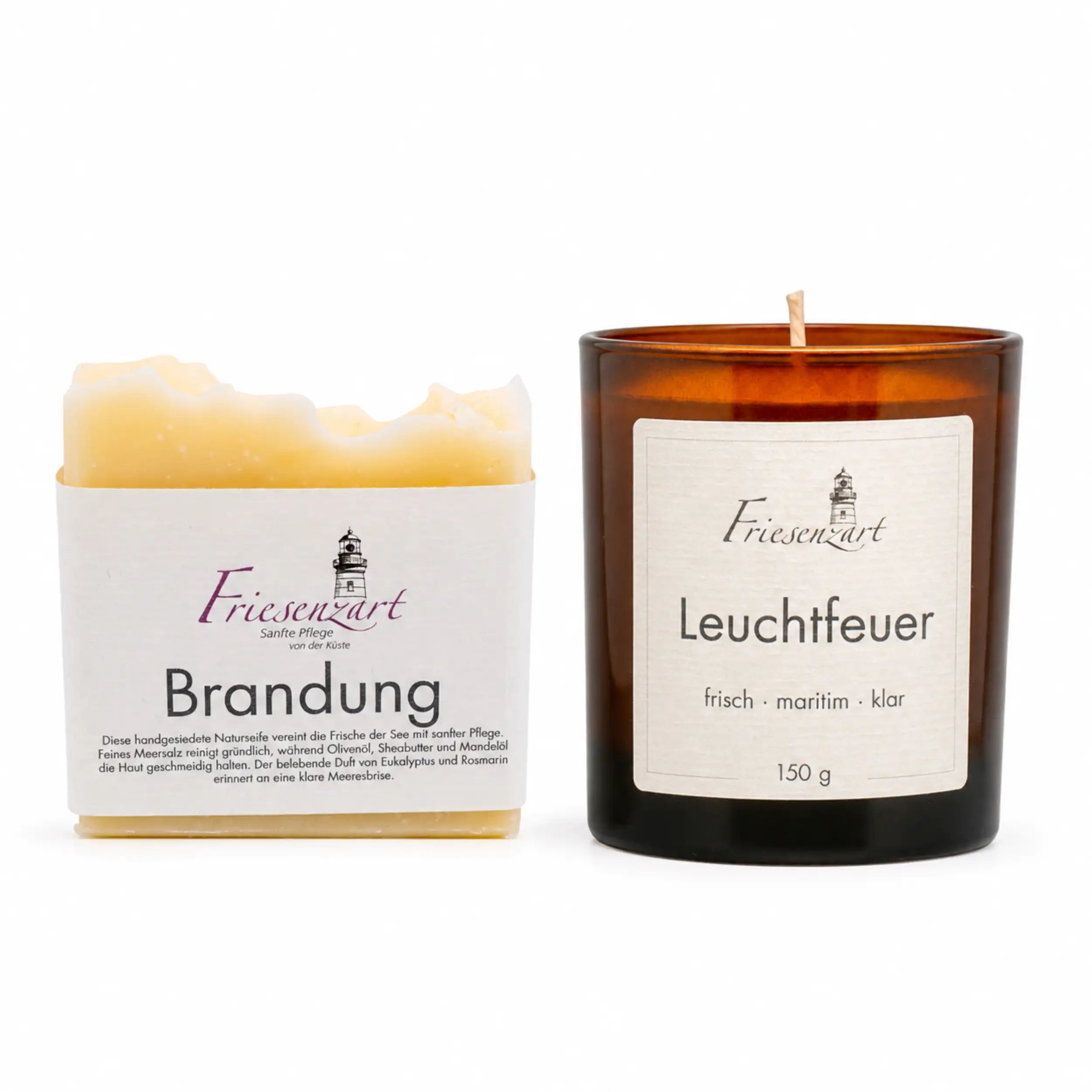 Küstenmoment – Friesenzart Duft- &amp; Pflegeset mit Naturseife Brandung und Duftkerze Leuchtfeuer