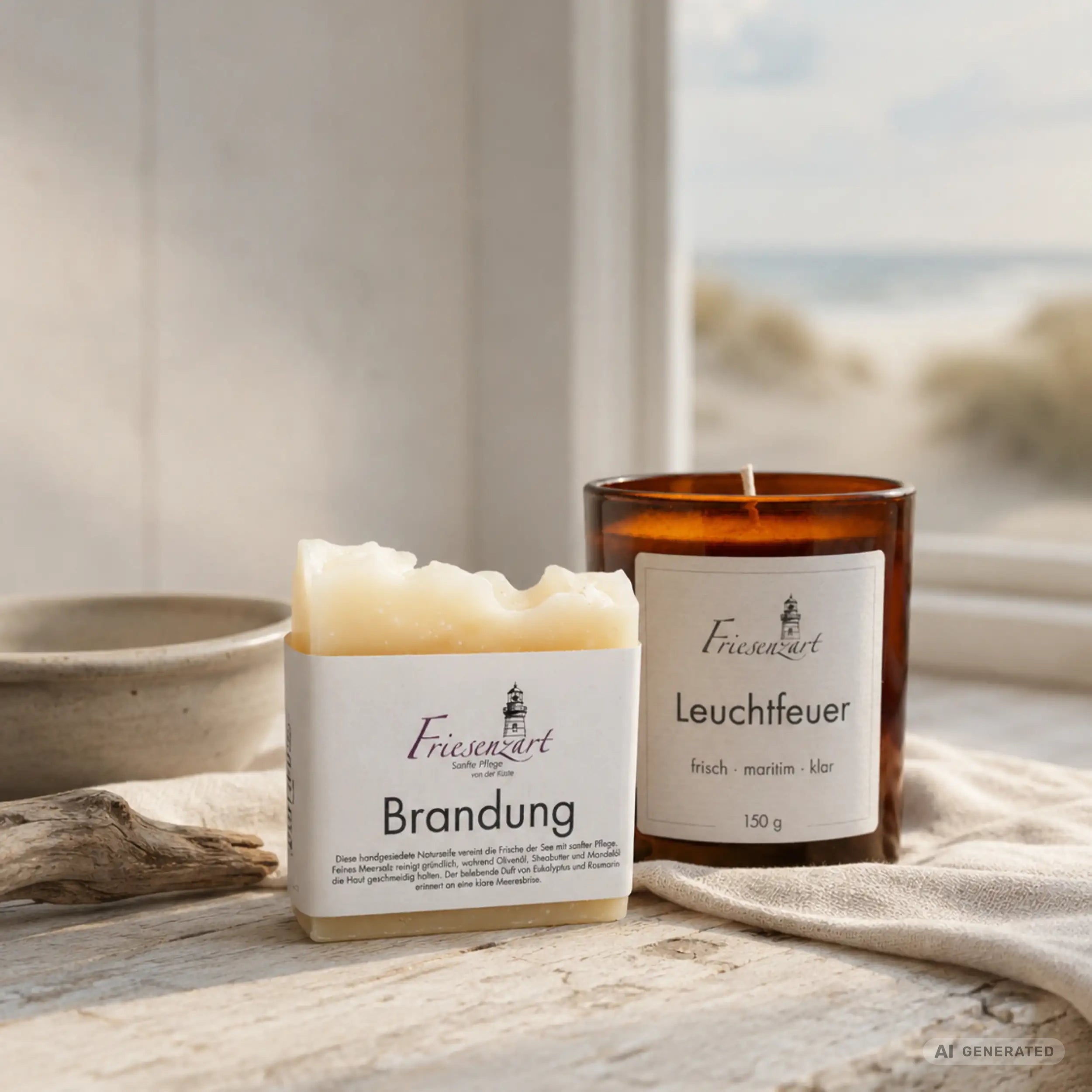 Küstenmoment – Friesenzart Duft- &amp; Pflegeset mit Naturseife Brandung und Duftkerze Leuchtfeuer