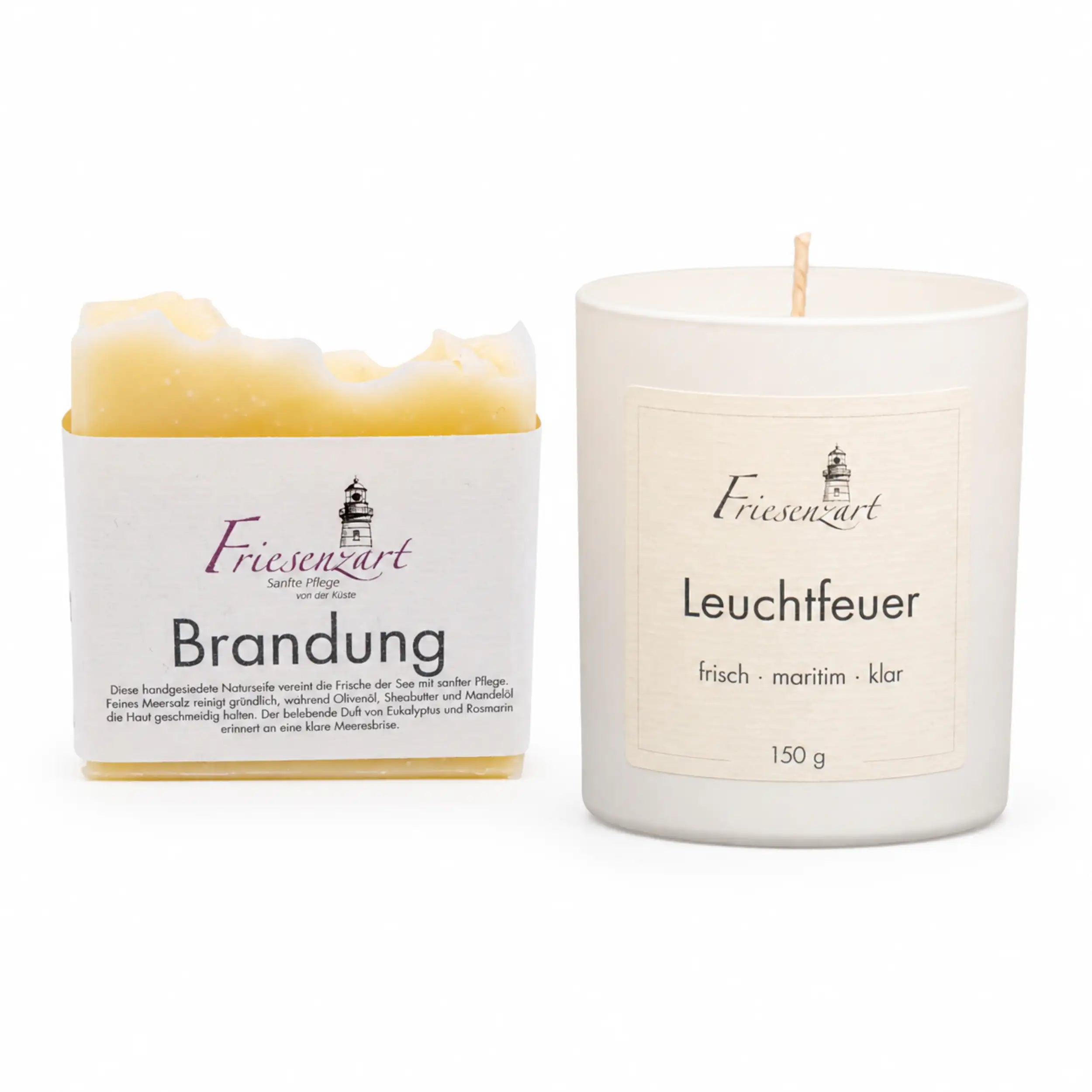 Küstenmoment – Friesenzart Duft- &amp; Pflegeset mit Naturseife Brandung und Duftkerze Leuchtfeuer
