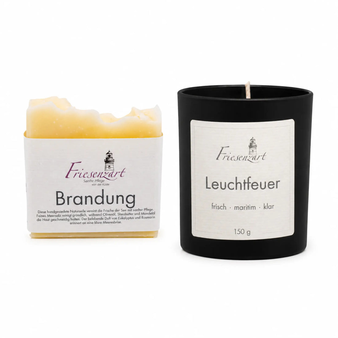 Küstenmoment – Friesenzart Duft- &amp; Pflegeset mit Naturseife Brandung und Duftkerze Leuchtfeuer