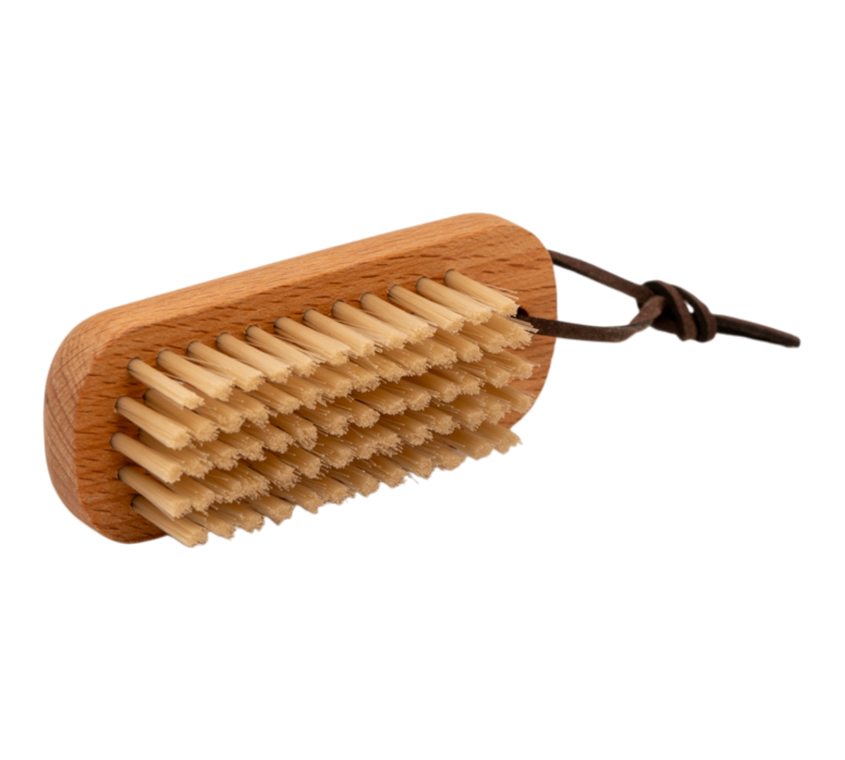 Nagelbürste aus Holz mit Borsten und Schlaufe.