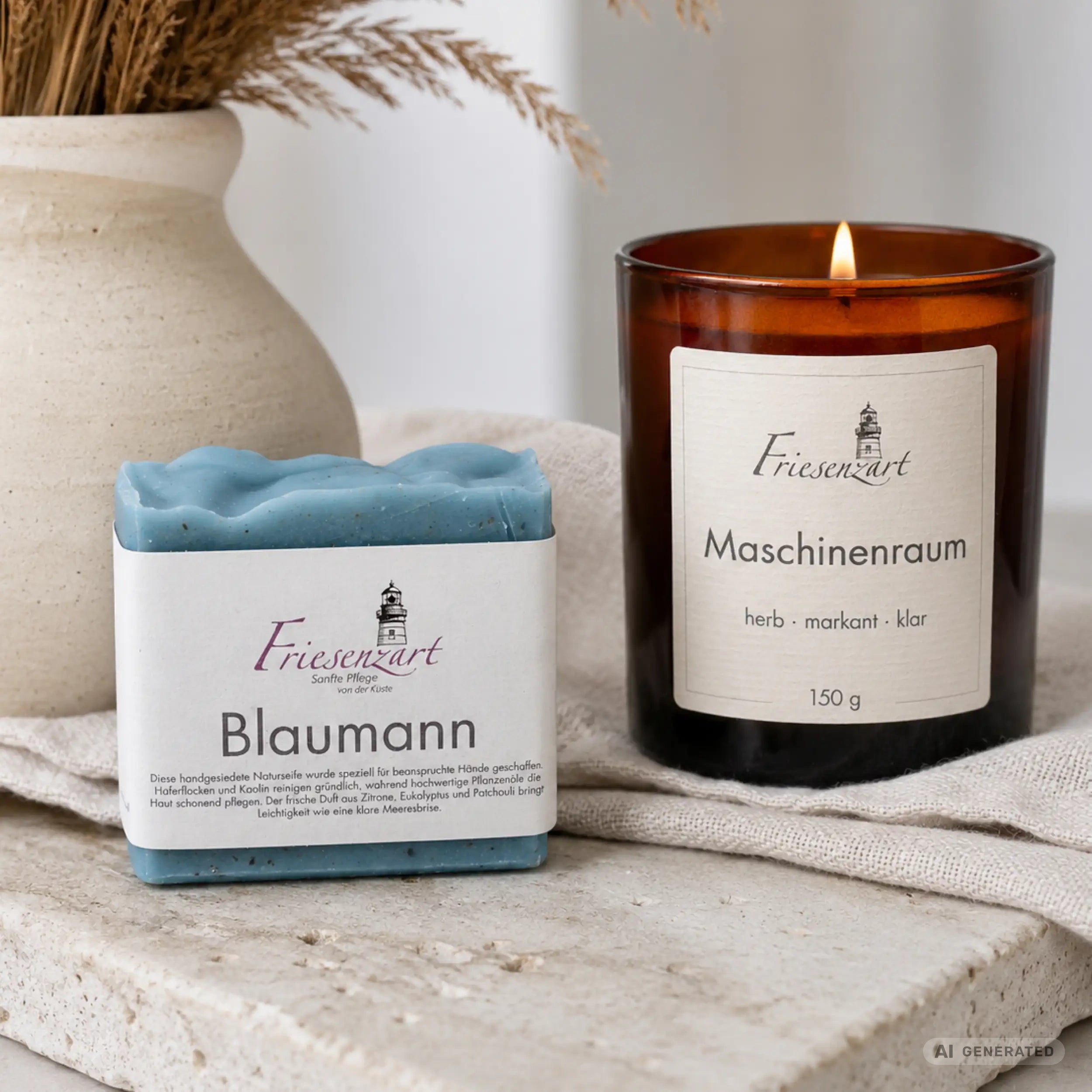 Nordwerk – Friesenzart Duft- &amp; Pflegeset mit Naturseife Blaumann und Duftkerze Maschinenraum