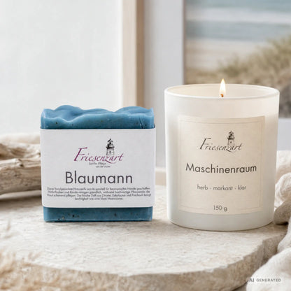 Nordwerk – Friesenzart Duft- &amp; Pflegeset mit Naturseife Blaumann und Duftkerze Maschinenraum