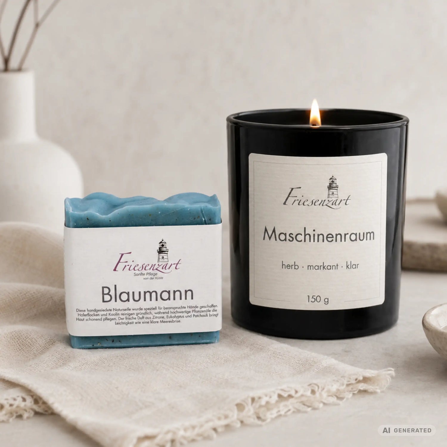 Nordwerk – Friesenzart Duft- &amp; Pflegeset mit Naturseife Blaumann und Duftkerze Maschinenraum