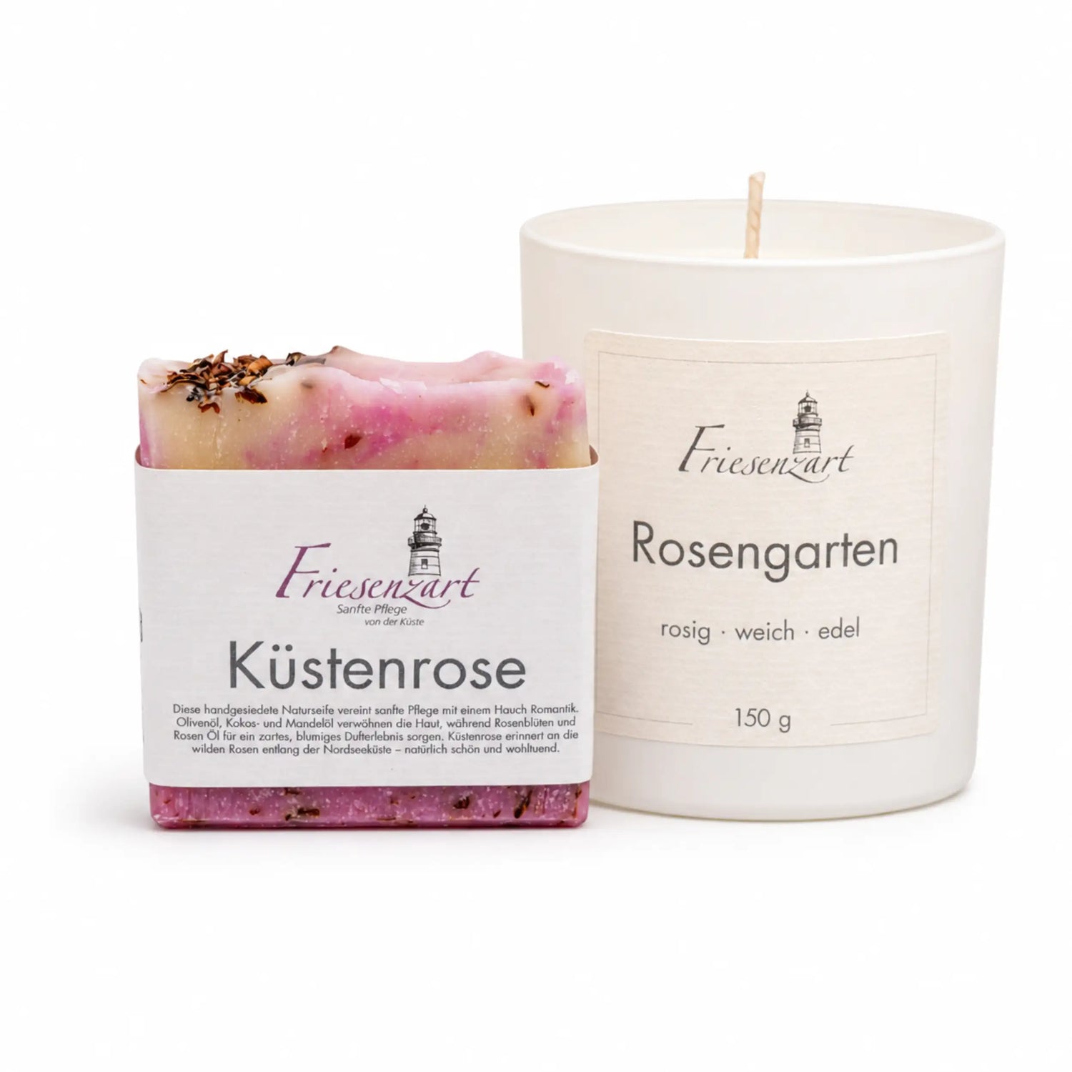 Rosenglück – Friesenzart Duft- &amp; Pflegeset mit Naturseife Küstenrose und Duftkerze Rosengarten