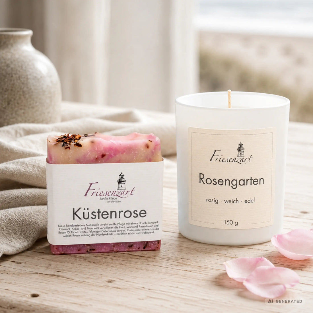 Rosenglück – Friesenzart Duft- &amp; Pflegeset mit Naturseife Küstenrose und Duftkerze Rosengarten